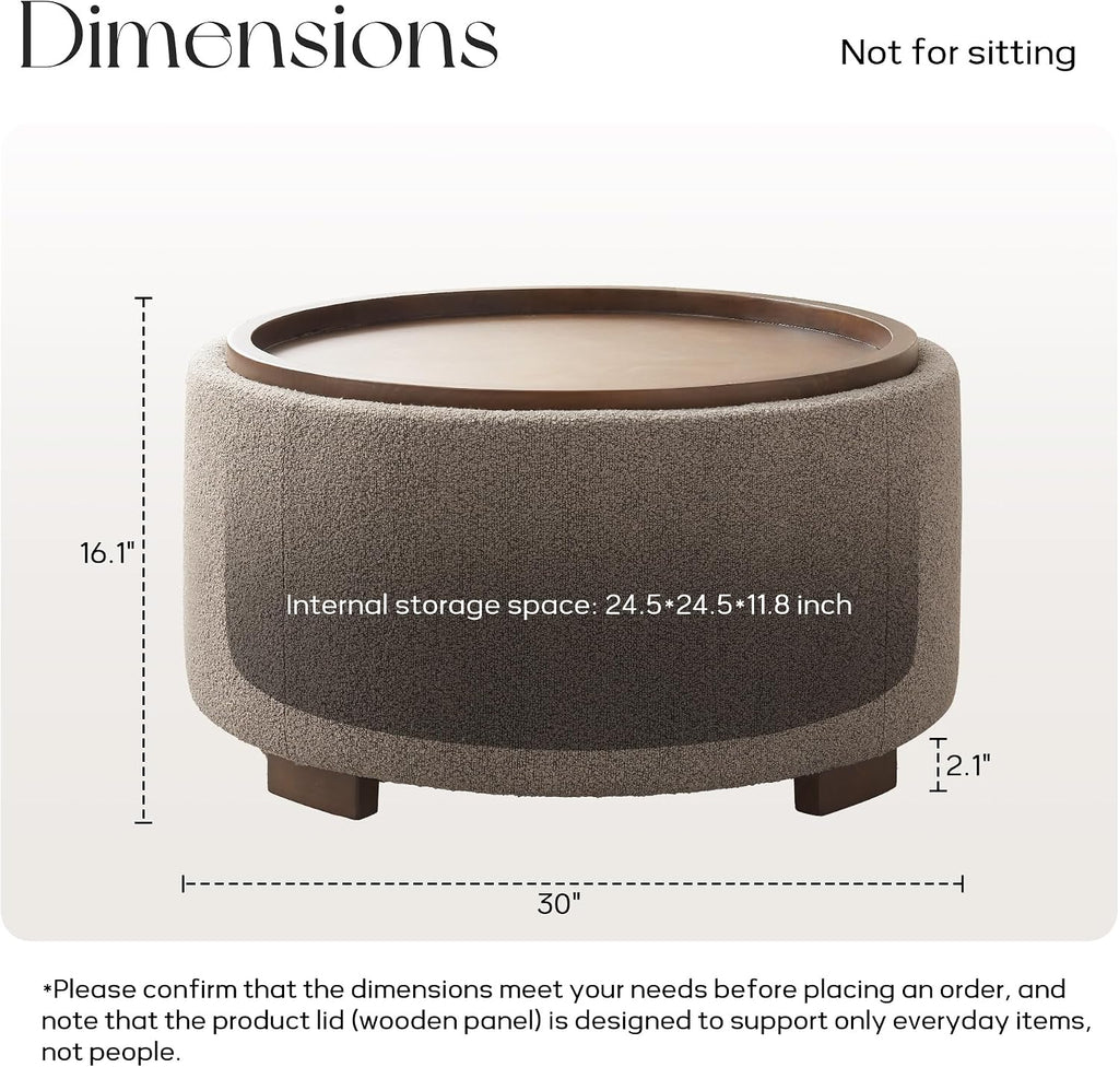 30 Inch Round Storage Ottoman, Ottoman Coffee Table with Lift Off Lid, Boucle Modern Ottomans with Storage s (Brown)