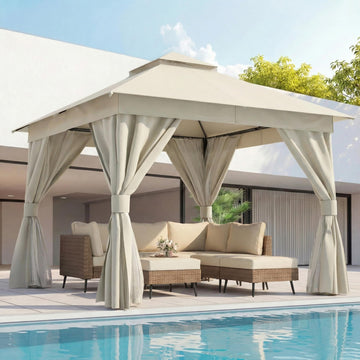 10x10 Gazebo Canopy with Netting, Curtains & Double Roof