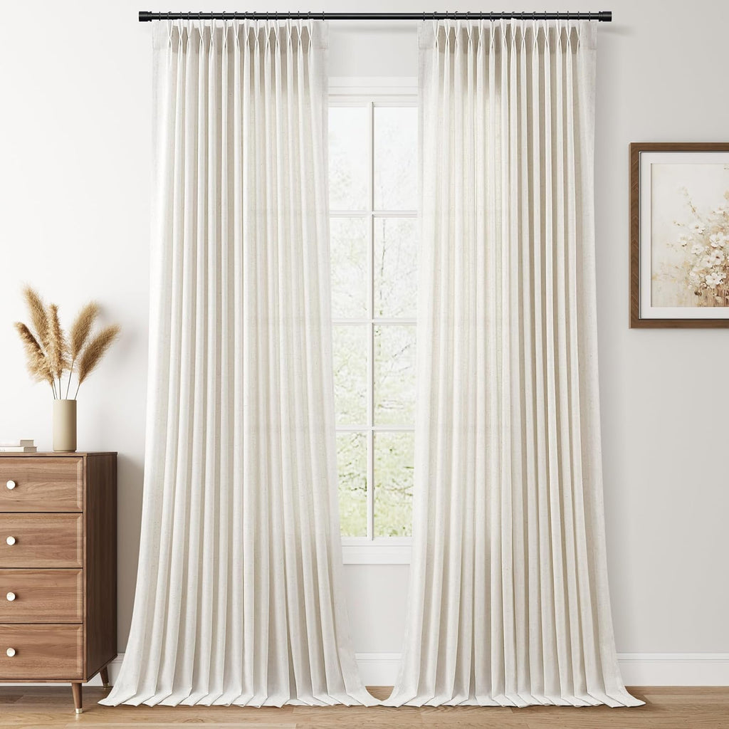 Pinch Pleated Linen Curtains Semi Sheer 98 Inches Long 2 Panels Natural Cream Curtain for Rustic Farmhouse Back Tab