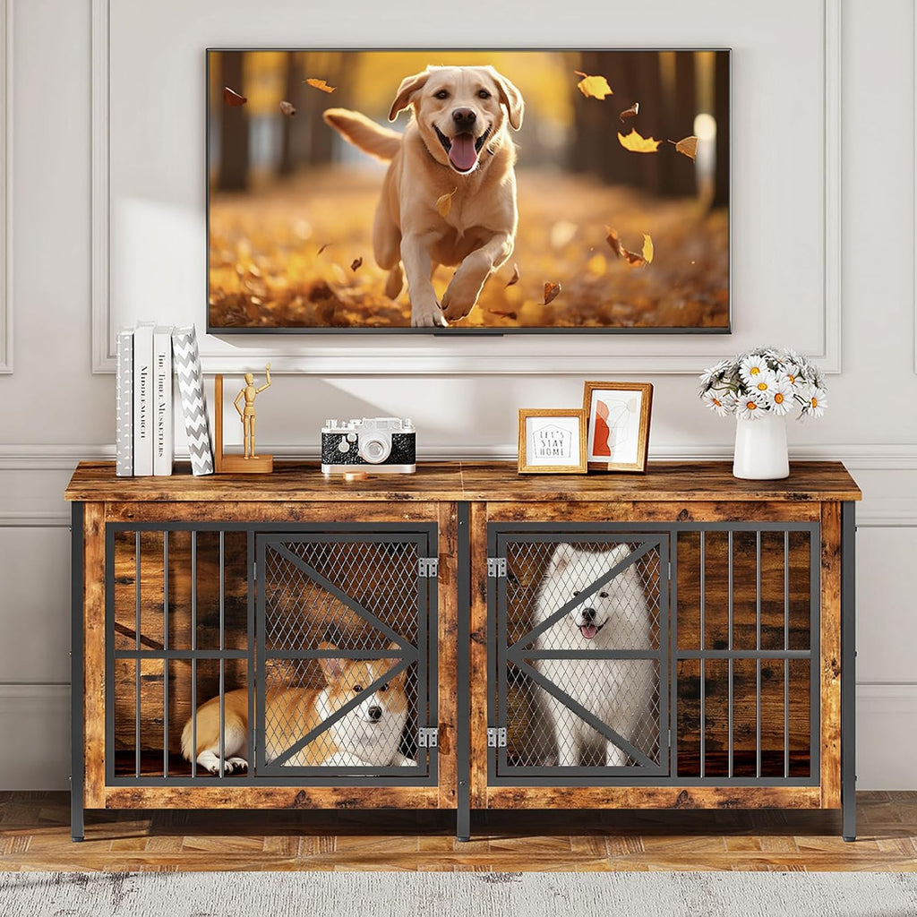 71" Double Dog Crate Furniture for 2 Dogs with Removable Divider