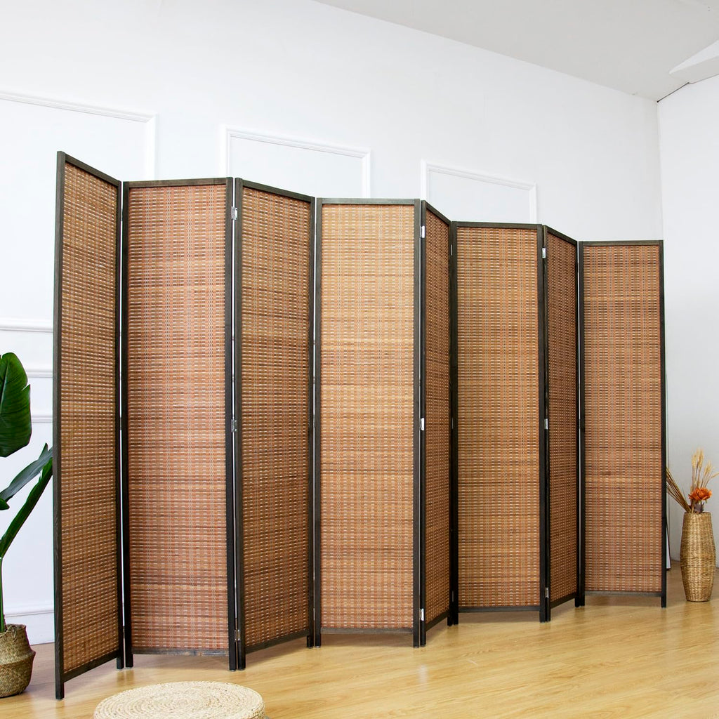8 Panel Bamboo Room Divider - Natural Brown 5.6 ft Tall Folding Privacy Screen, Freestanding Partition Wall for Room