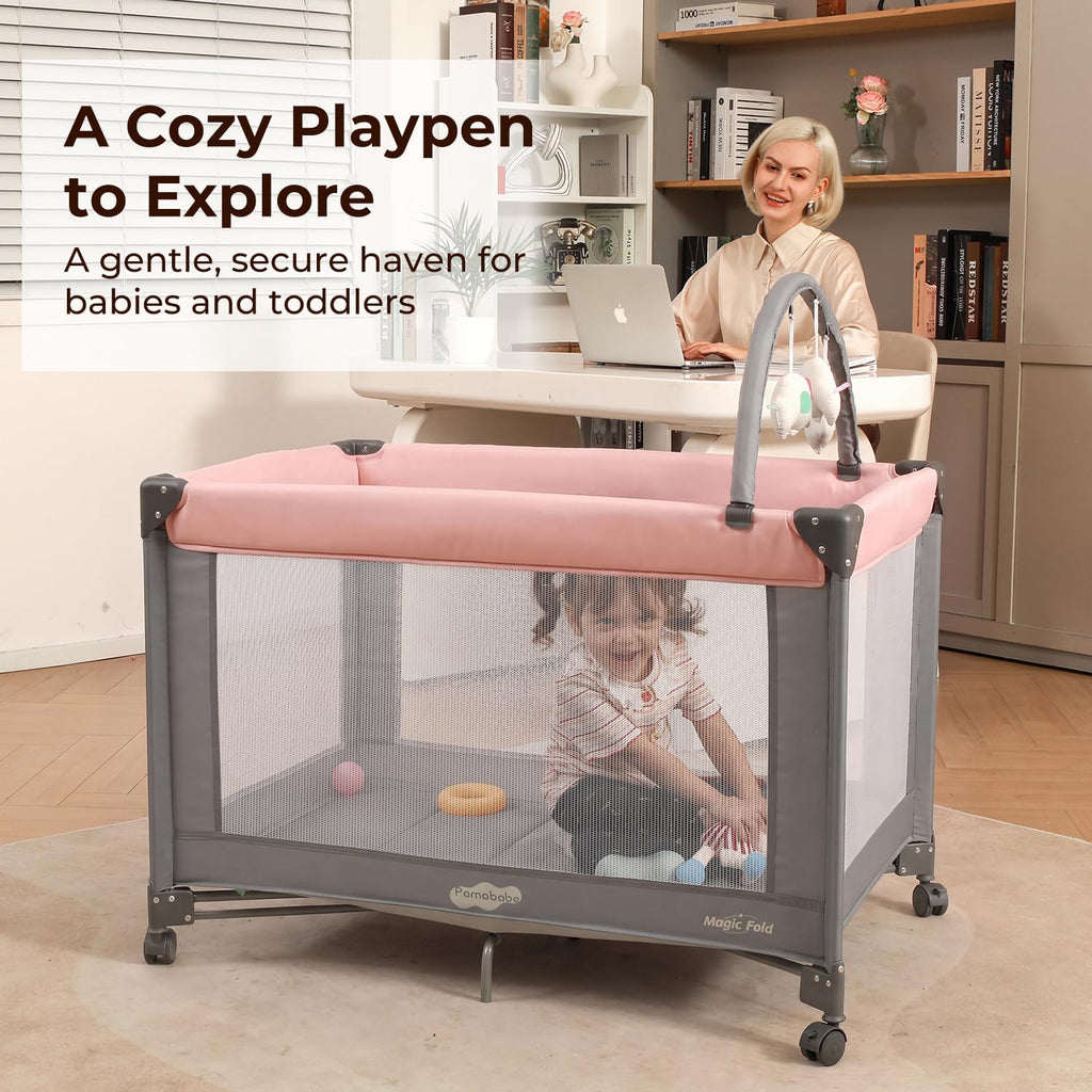 Play Yard - Travel Crib with Mattress, Easy Setup Small Portable Playpen for Babies, Lightweight Foldable Baby