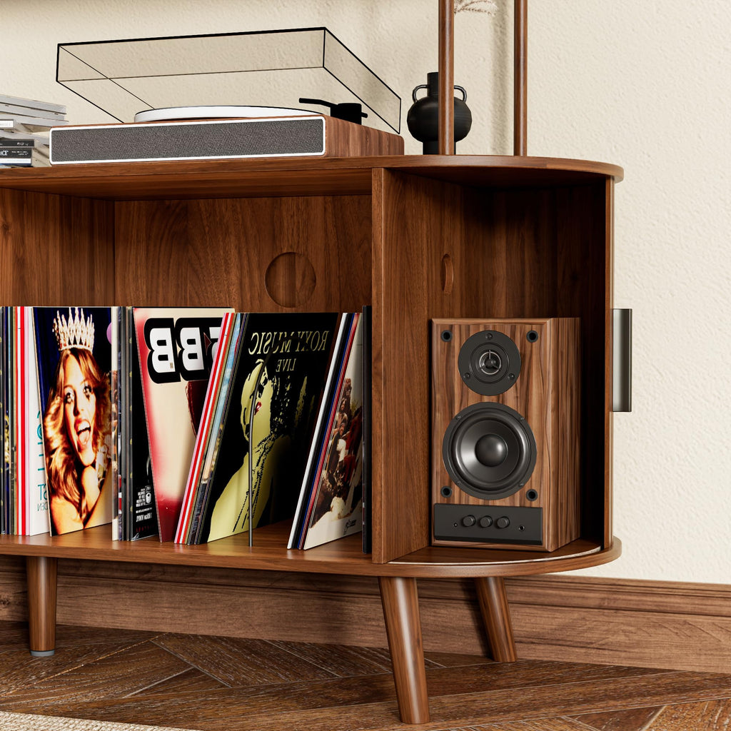 Tall Large Vinyl Record Player Stand, Fluted Long Record Storage Cabinet with Sliding Doors, Mid Century Modern