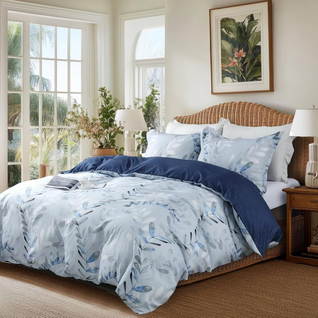 Duvet Cover Queen,Reversible Leaf Blue Duvet Cover Set with Zipper Closure, 3 Pieces Modern Patterns Soft Microfiber