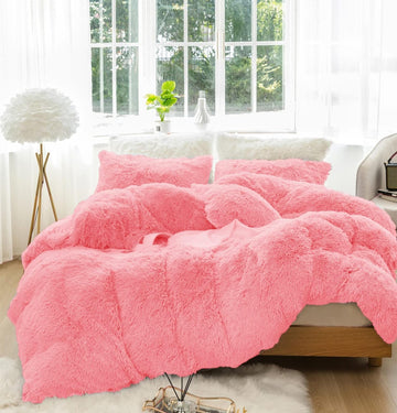 Plush Shaggy Longfur Duvet Cover Set Flannel Velvet Bedding (1Faux Fur Cover+2 Faux Fur Pillowcase) Fluffy Comforter