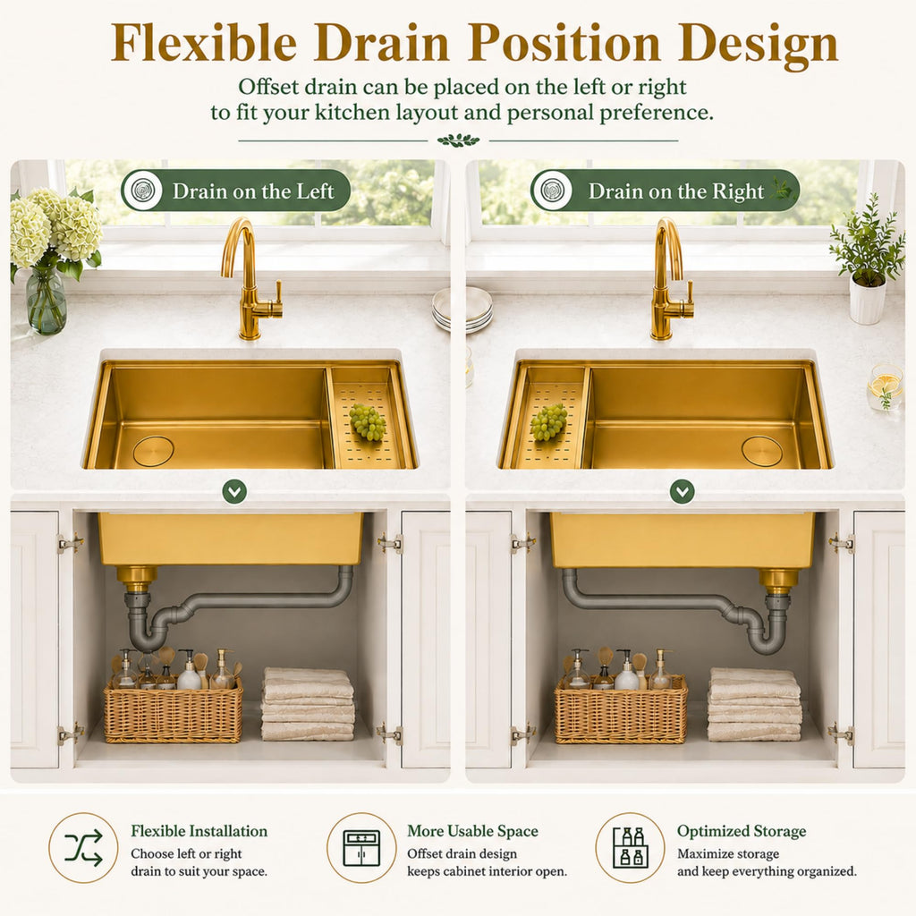 Gold Kitchen Sink Offset Drain, 33"X18" Undermount Single Bowl Sink