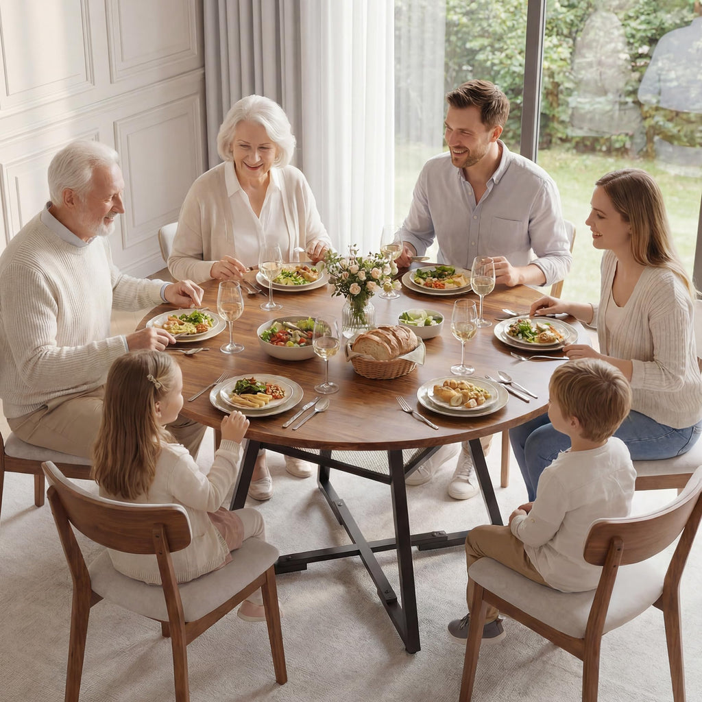 47" Round Dining Table for 4-6, Farmhouse Kitchen Table with Storage Shelf, Wood Circle Table with Pedestal Metal