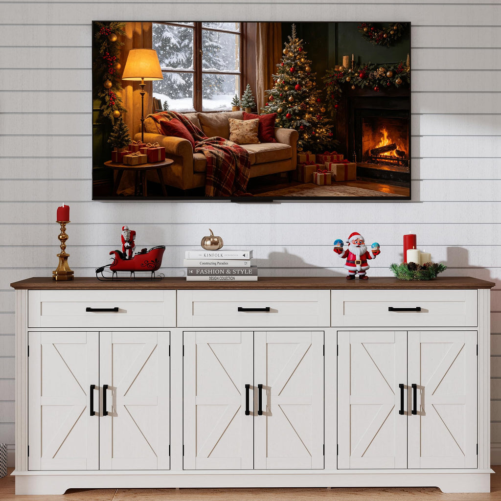 70" Farmhouse Buffet Cabinet with Storage 3 Drawers & 6 Barn Doors, White