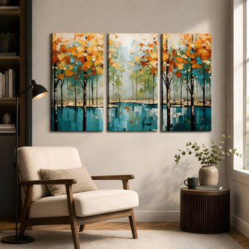 Modern Landscape Framed 3‐Panel Canvas Wall Art, Impasto Style Autumn Trees With Lake Reflection Abstract Nature