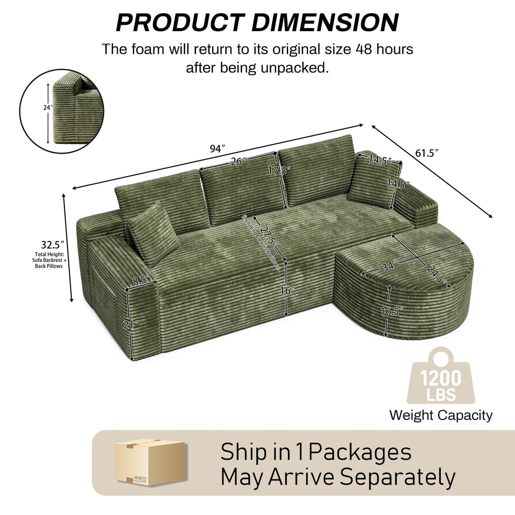 94" L-Shaped Boneless Sectional with Curved Ottoman, Green