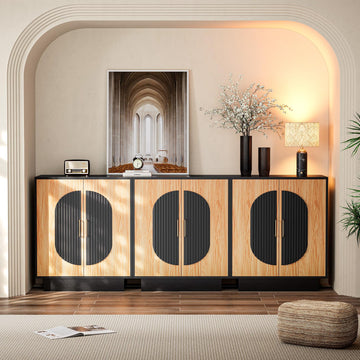 87" Fluted Modular Buffet Cabinet with Arched Doors & Gold Handles, Mid Century Modern Sideboard Credenza Storage