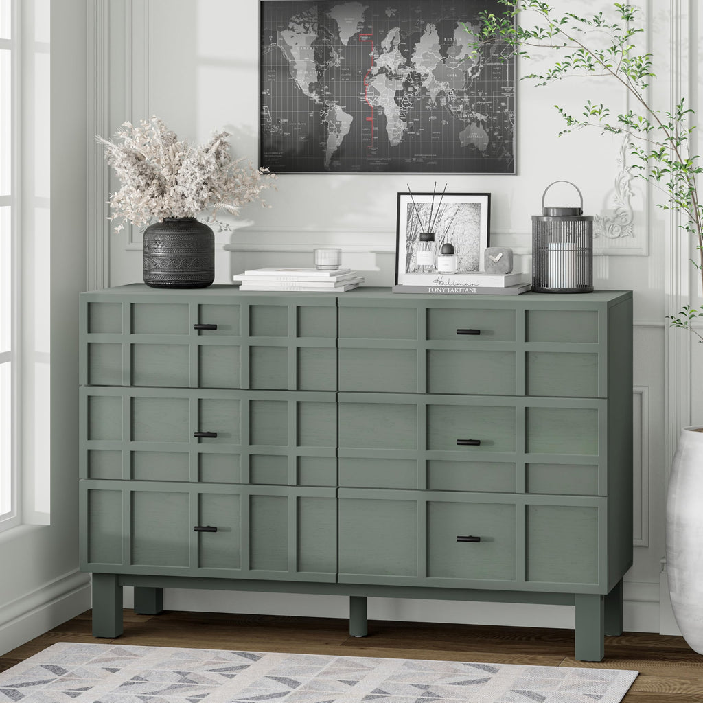 Modern 6 Drawer Double Dresser X 2P with Grid Carved Pine Front, Minimalist Chest of Drawers with Large Storage Space