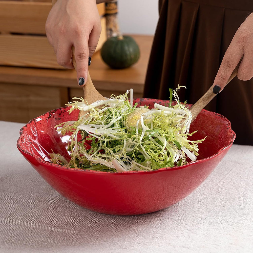 Rustic Crackle Melamine Serving Bowls, 130 OZ and 12 inches Waved Rim Salad Bowl,Unbreakable Pasta Bowls and Mixing