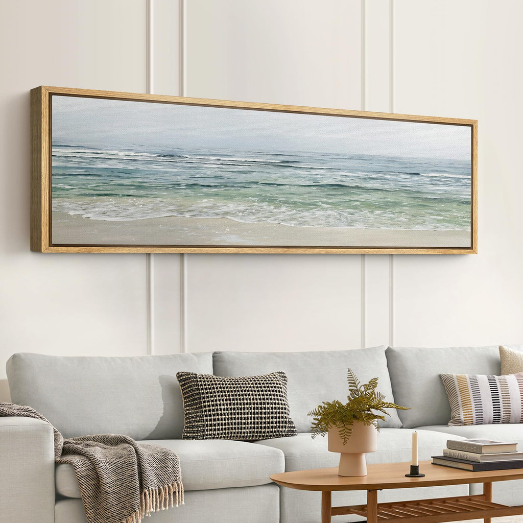 Large Framed Canvas Print Wall Art Tranquil Ocean Waves Coastal Seascape with Gentle Blue and Green Tones