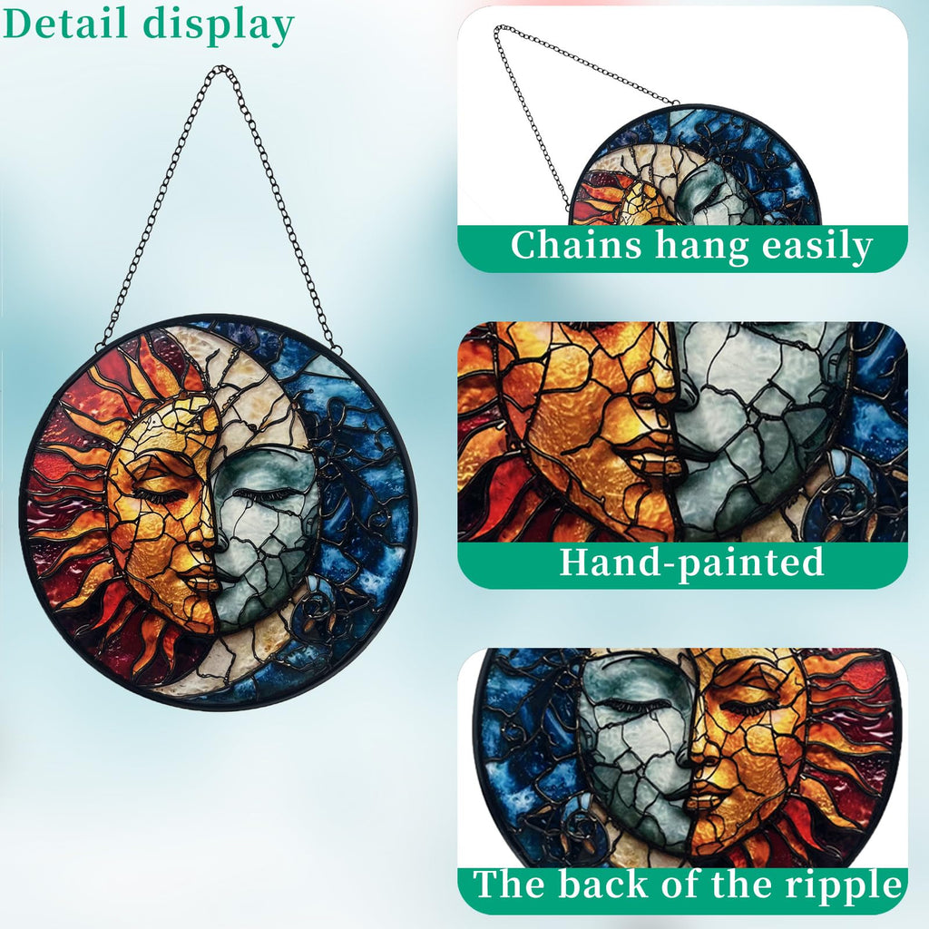 Sun and Moon Decor Suncatcher Stained Glass Window Hanging - Handmade Stained Glass Suncatchers Hanging Decoration