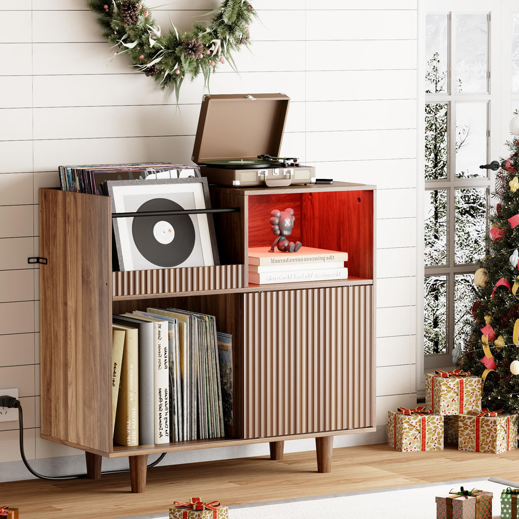 Record Player Stand with Sliding Door, 300+ Vinyl Record Storage