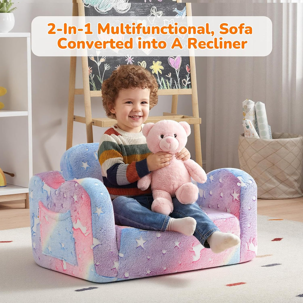 Kids Couch, Glow Dark Rainbow Unicorn Fold Out Plush Sofa, Girls