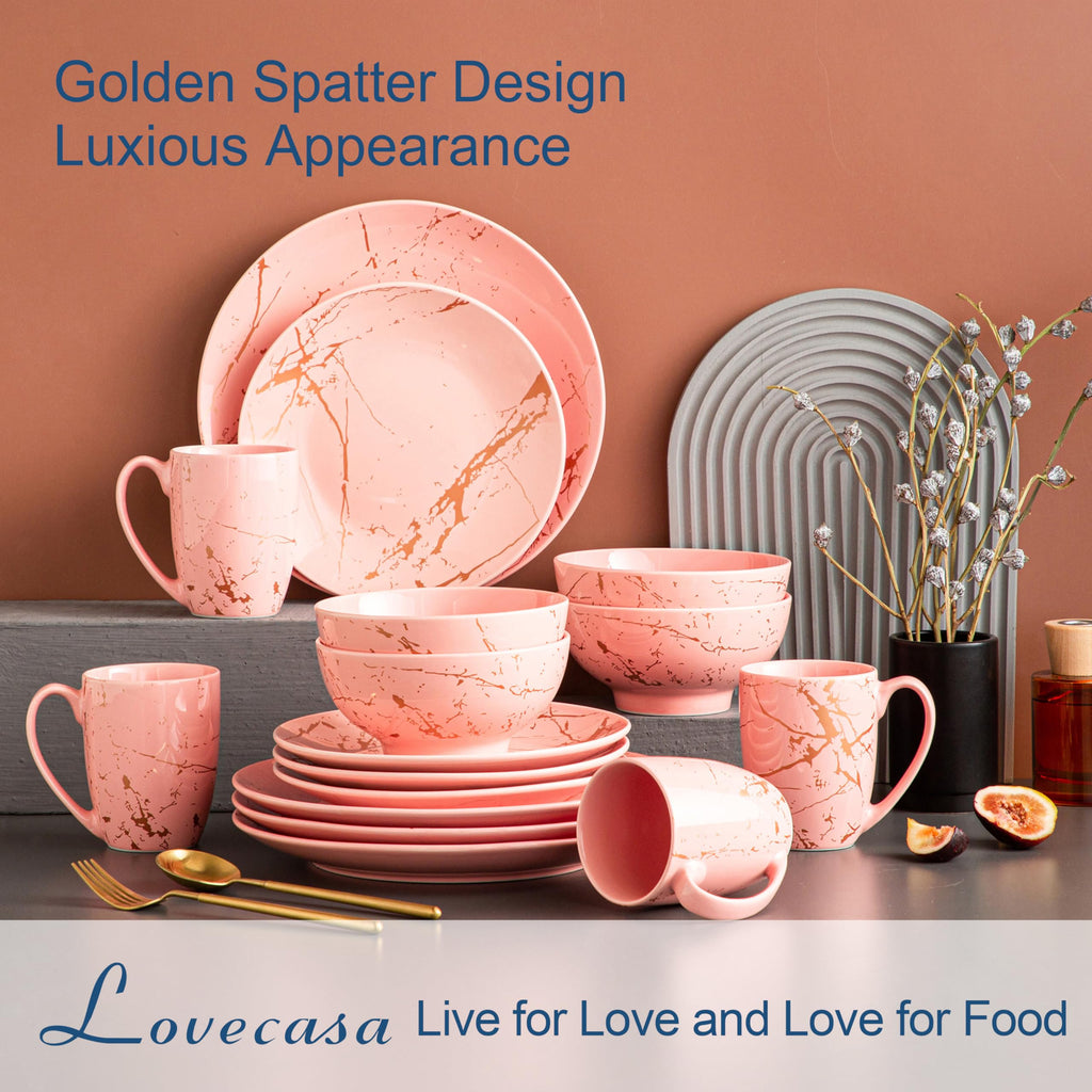 Pink Dinnerware Set for 4, 16 Piece Porcelain Dish With Plates, Bowls and Mugs, Gold Splash Glaze Round Modern