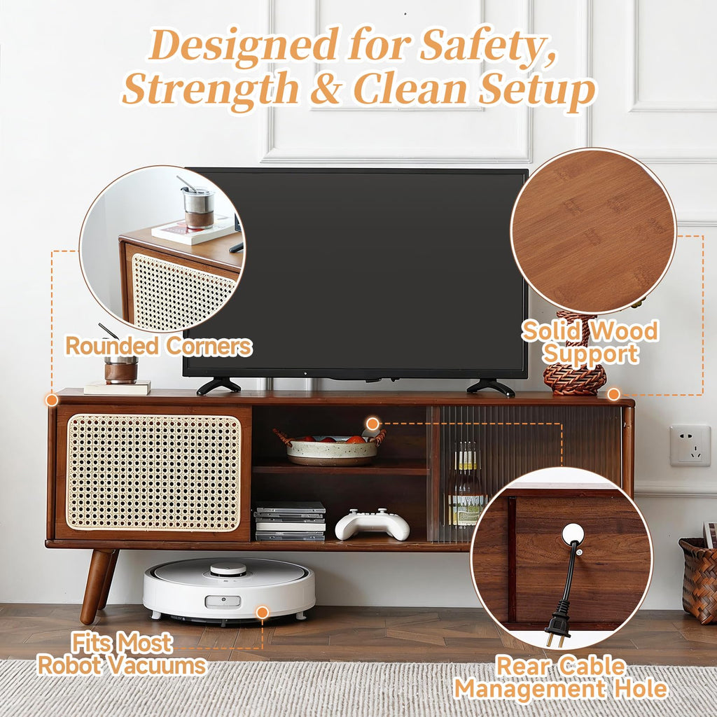 Rattan TV Stand for 55 Inch TV, Bamboo Cabinet with Storage, Walnut