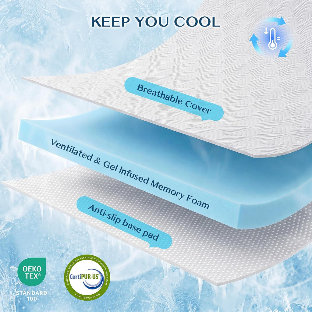 3 Inch Queen Memory Foam Mattress Topper, Ventilated Gel Mattress Topper for Back Pain Relief, CertiPUR-US Certified