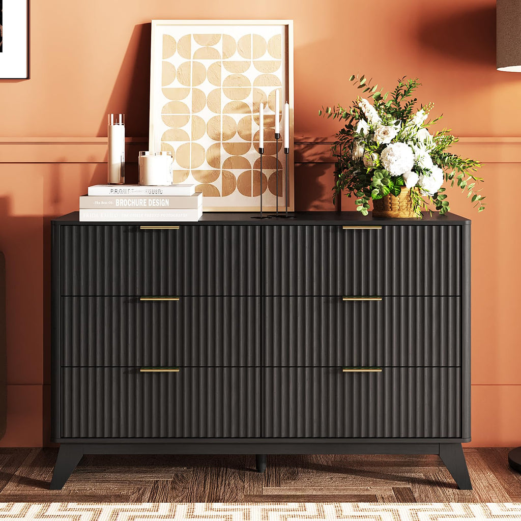 Black Fluted 6 Drawer Dresser with Rounded Edges, Black Modern Dresser, 46.8" W*15.5" D*31" H