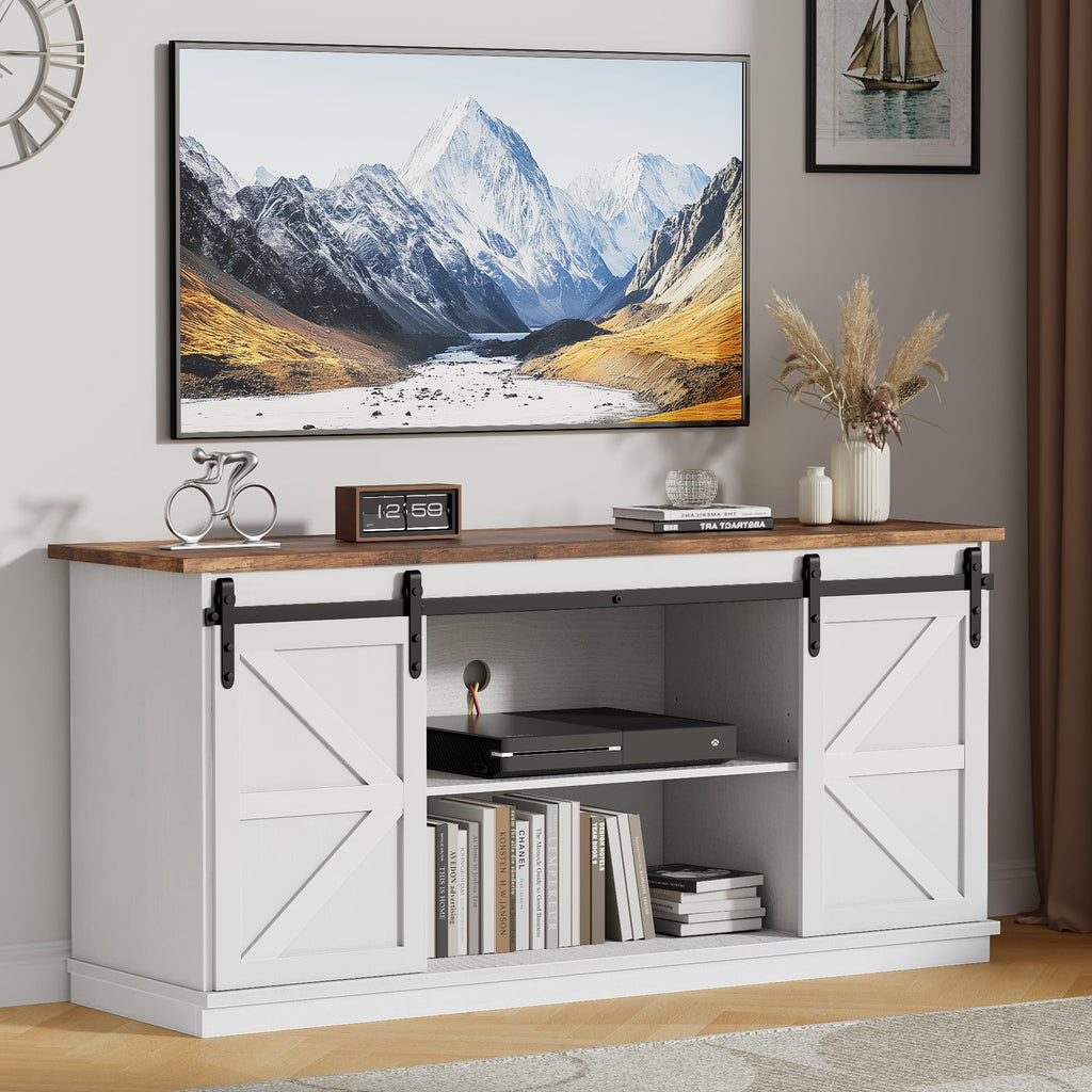 TV Stand for 65" TV, 4 Drawers, Sliding Barn Doors, Bright White