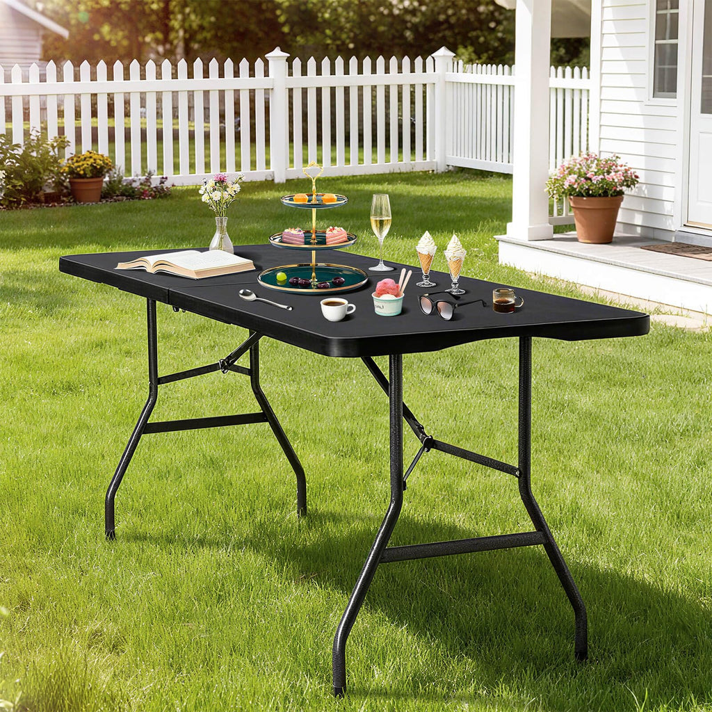 Folding Table 6ft, Foldable Table with Built in Handle & Steel Legs, Smooth HDPE Tabletop, Heavy Duty Folding