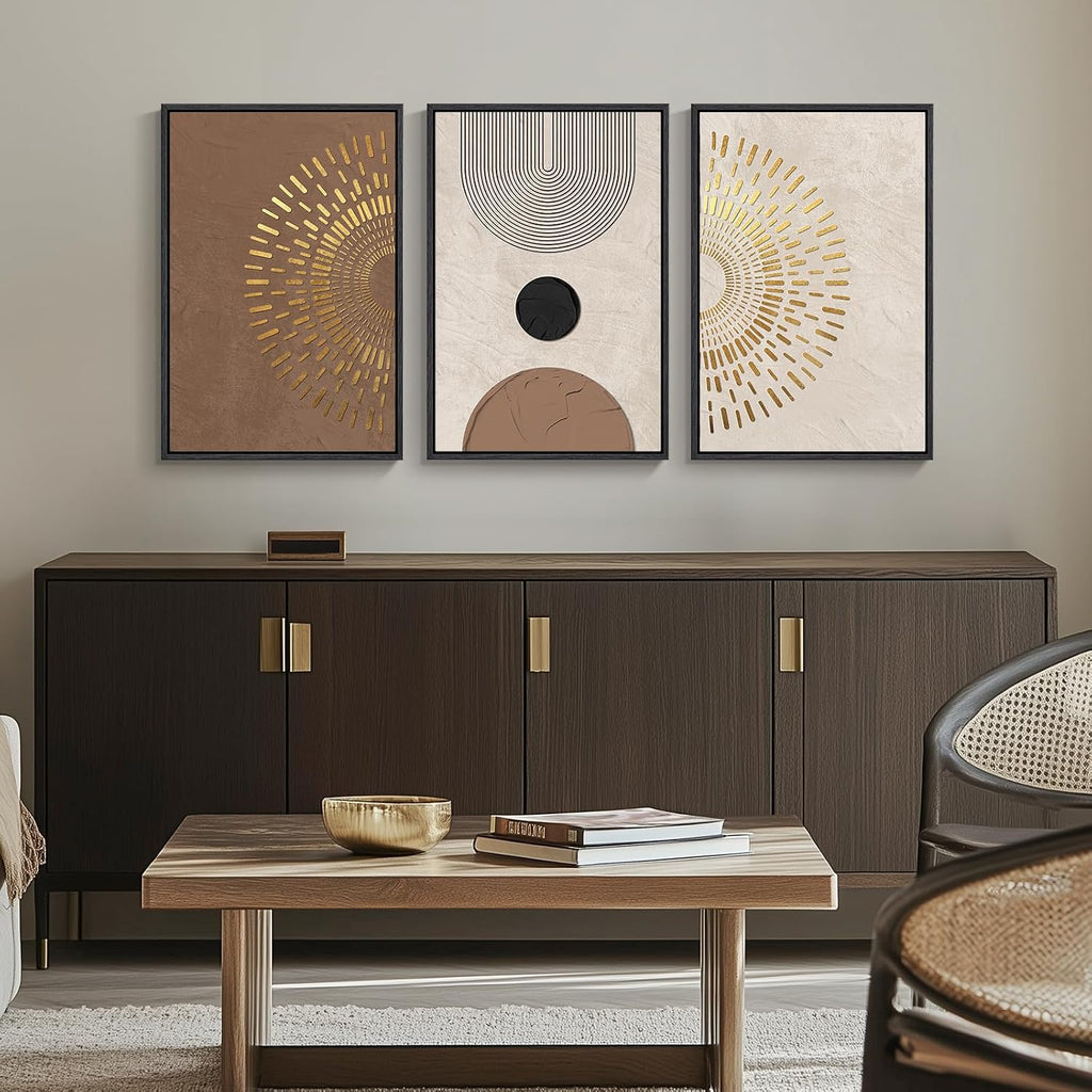 Framed Boho Neutral Abstract Wall Art, 3 Piece Canvas Prints Paintings Artwork for Walls, Large Minimalist Brown