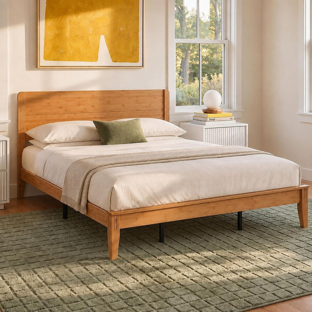 Japanese Joinery Bamboo Bed Frame, Platform Bed with Headboard