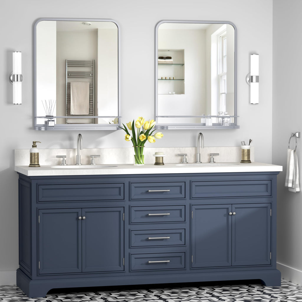 Sliver Bathroom Mirror with Shelf Vanity Mirror,Rectangle Metal Framed Rounded Corner Wall Mirror Living