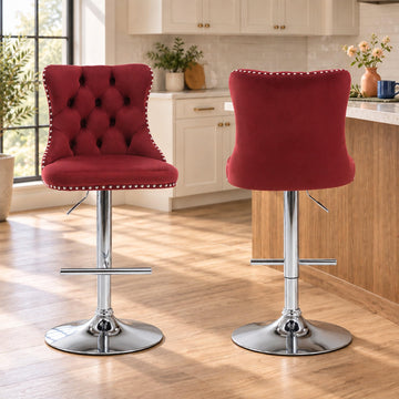 Swivel Counter Height Bar Stools Set of 2, Burgundy Kitchen Island Barstools, Velvet Adjustable Bar Chairs, Tufted