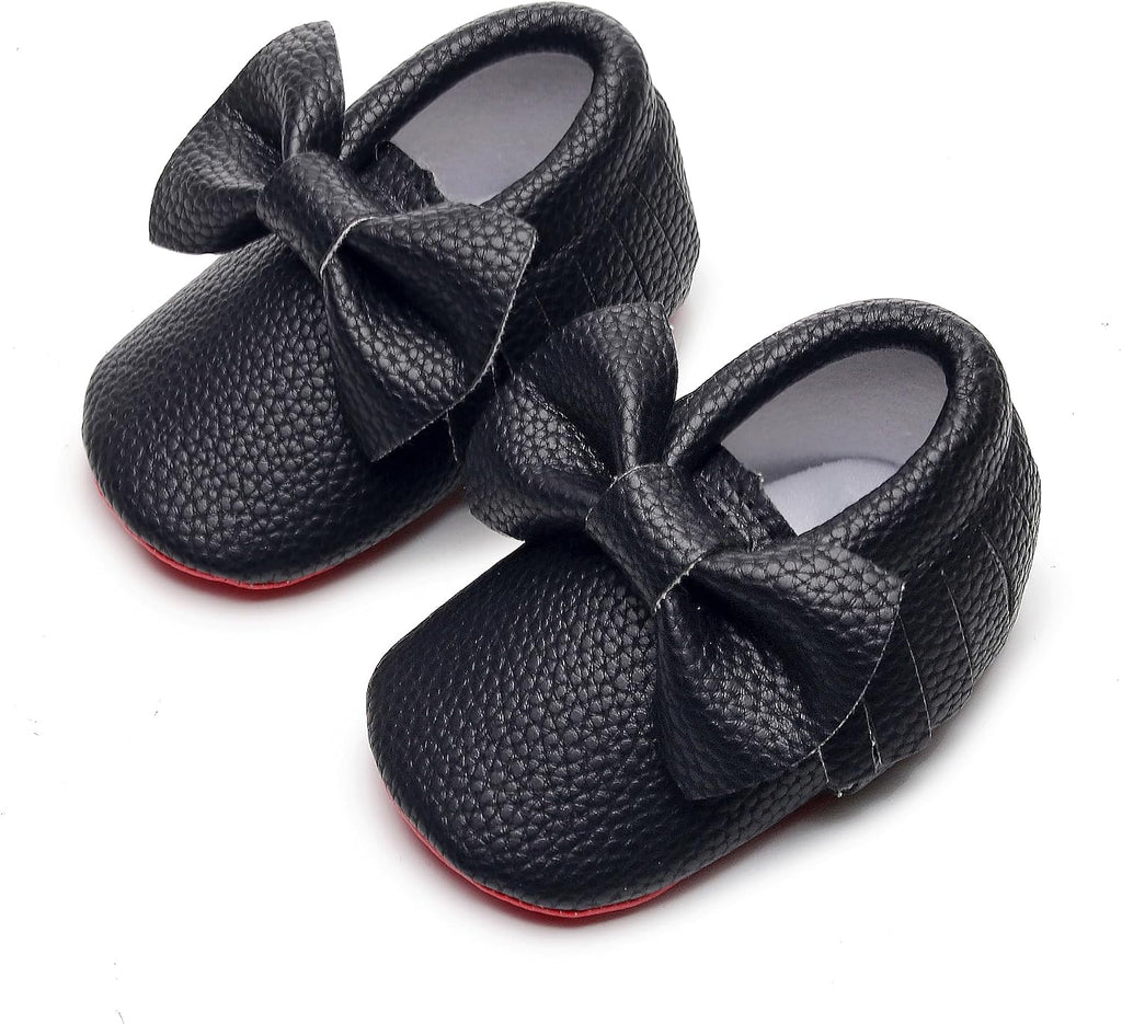 Double Bow Fringe Baby Moccasins - Soft Sole Baby Shoes Girls Toddler Crib Flats