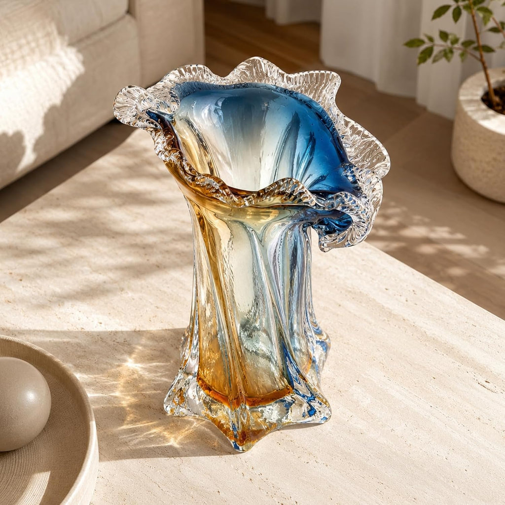 Turquoise Glass Hand Blown Vase, Teal Blue Gradient Modern Art Vase, Decorative Centerpiece Decor,Blown Glass