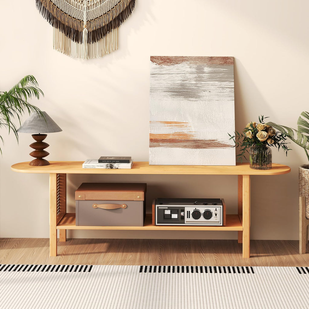 Bamboo TV Stand with Storage for TVs up to 65", Modern Entertainment Center with Rattan Side, Accent TV Table with 2