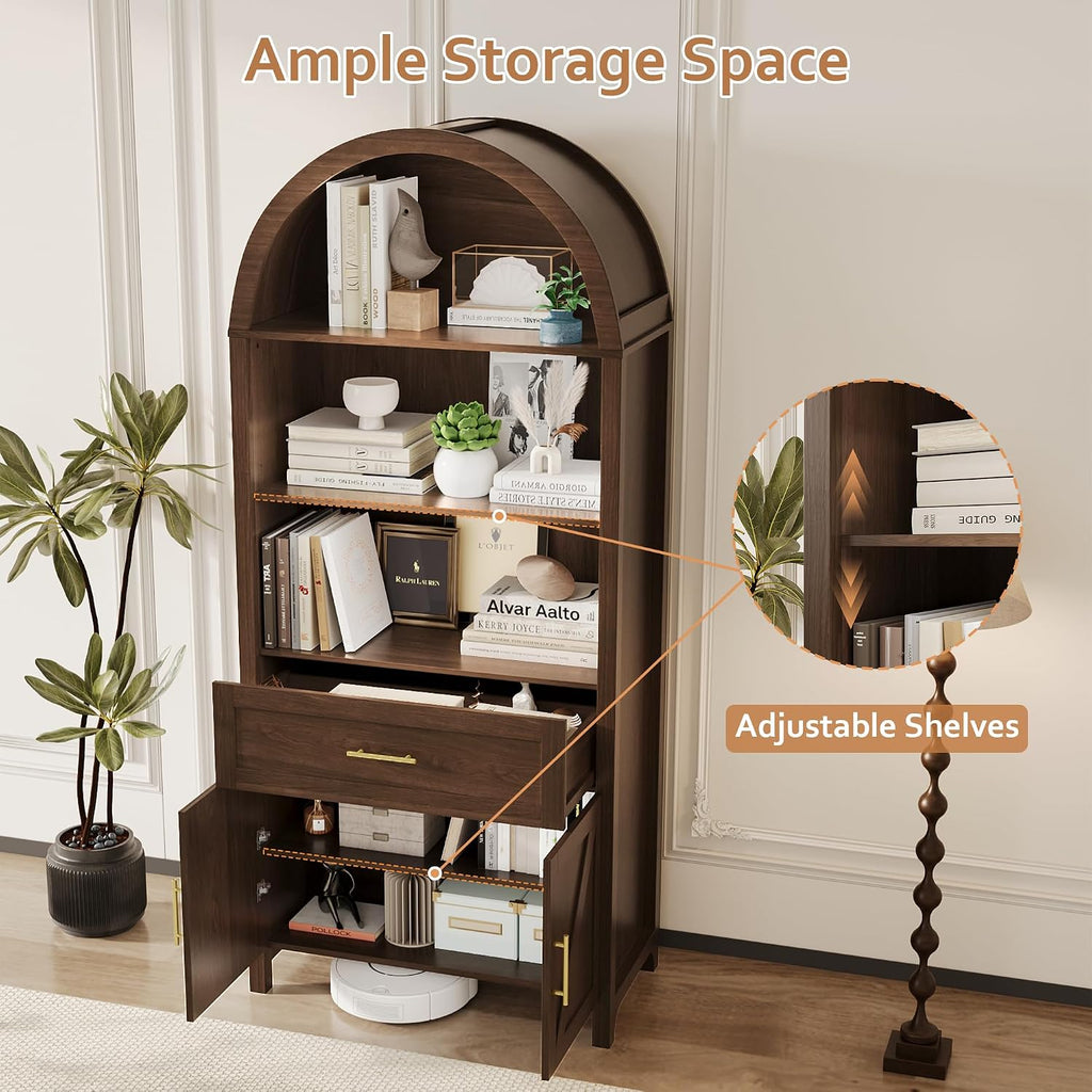 70.8" Tall Arched Bookcase 5-Tier Pantry Cabinet with Doors, Walnut | Tall wooden cabinet with five shelves, doors