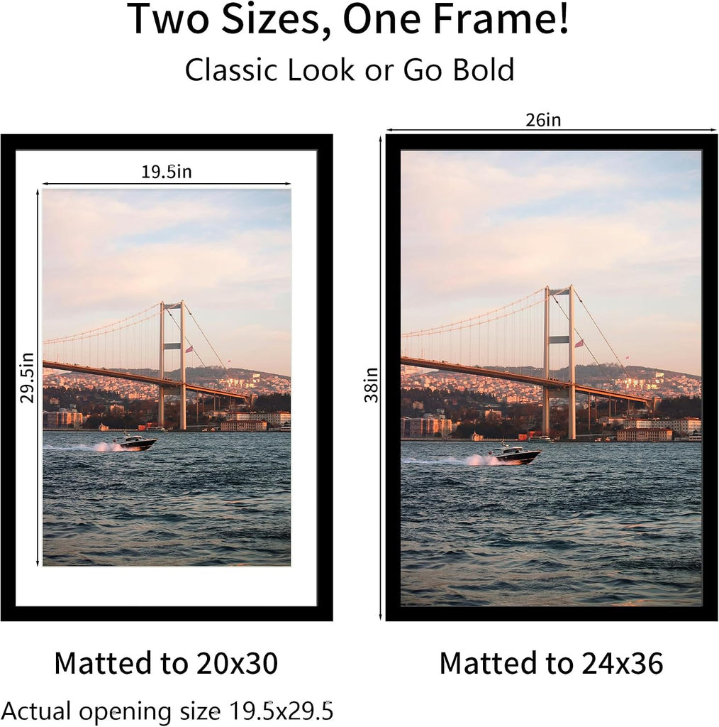 24x36 Picture Frame Black Set of 3, Display Pictures 20x30 with Mat or 24 x 36 Without Mat, Poster Frames 24x36 for