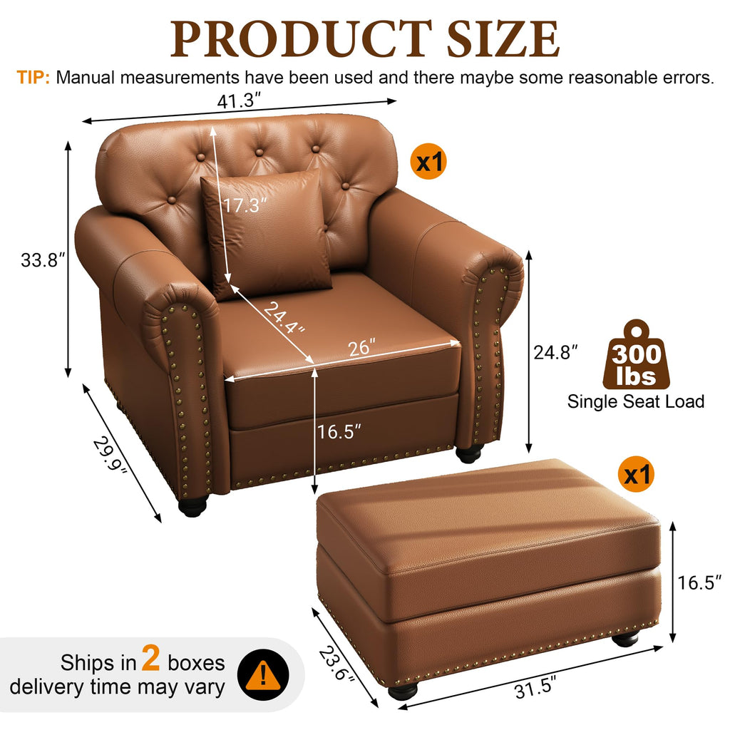 41.3'' Faux Leather Chesterfield Sofa & Ottoman Set, Brown