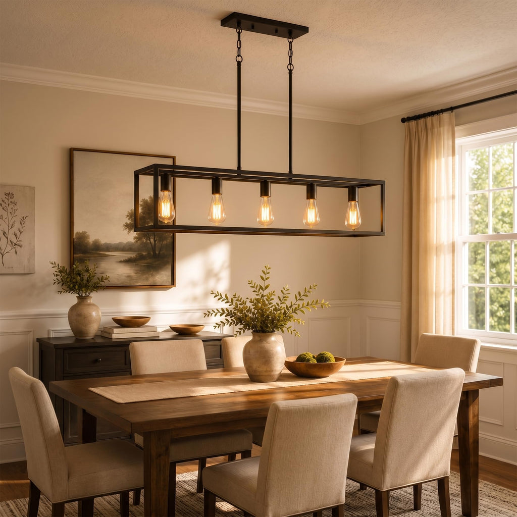 Black Farmhouse Kitchen Island Lighting, Modern Industrial Chandelier, 5-Light Linear Rectangular Pendant Light