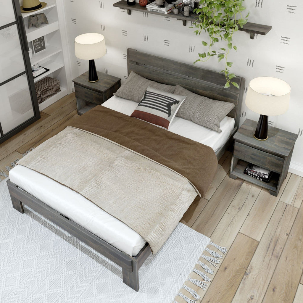 Modern Farmhouse Single Bed (Queen), Plank Headboard, Driftwood