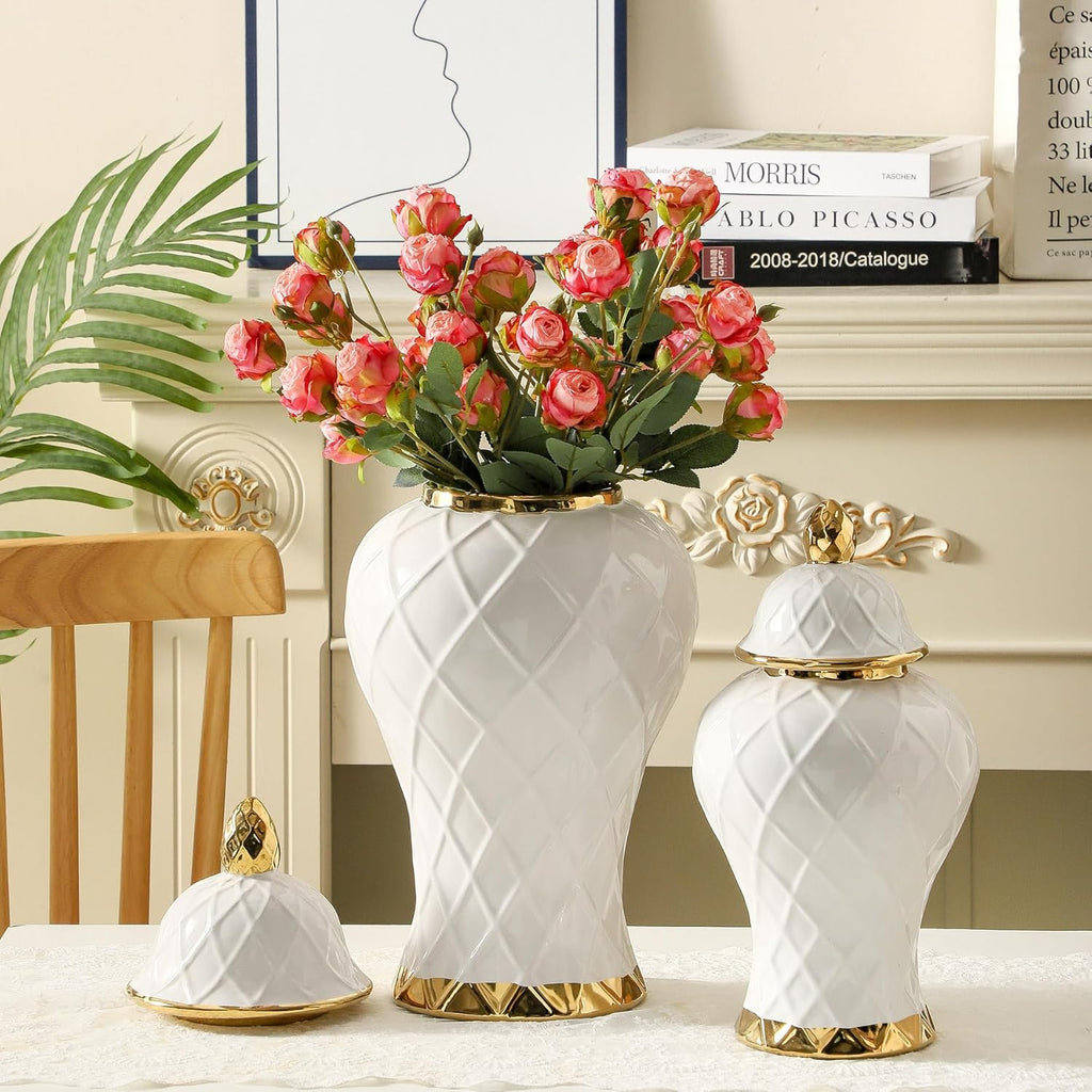 Ginger Jars Decor, White and Gold Vase, Decorative Ceramic Ginger jar with lid, Porcelain Flower Vase
