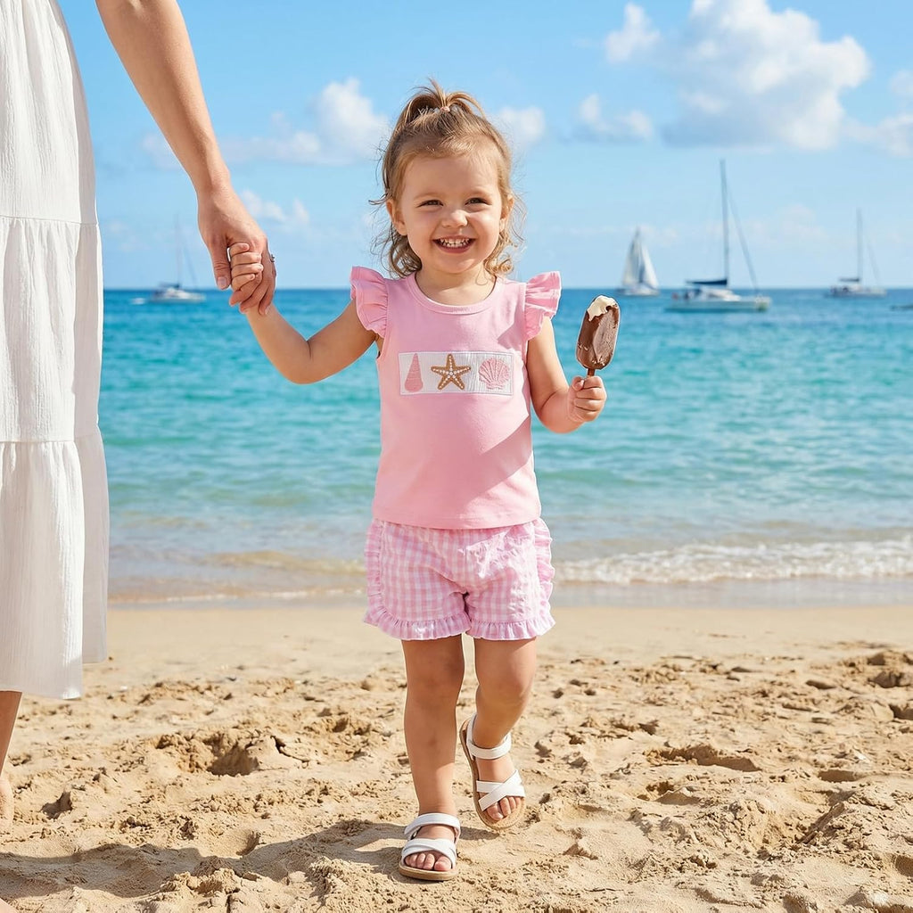 Toddler Baby Girl Summer Outfit Ruffle Sleeve Seashell Embroidery Top Gingham Shorts Set 2pcs Infant Beach Clothes