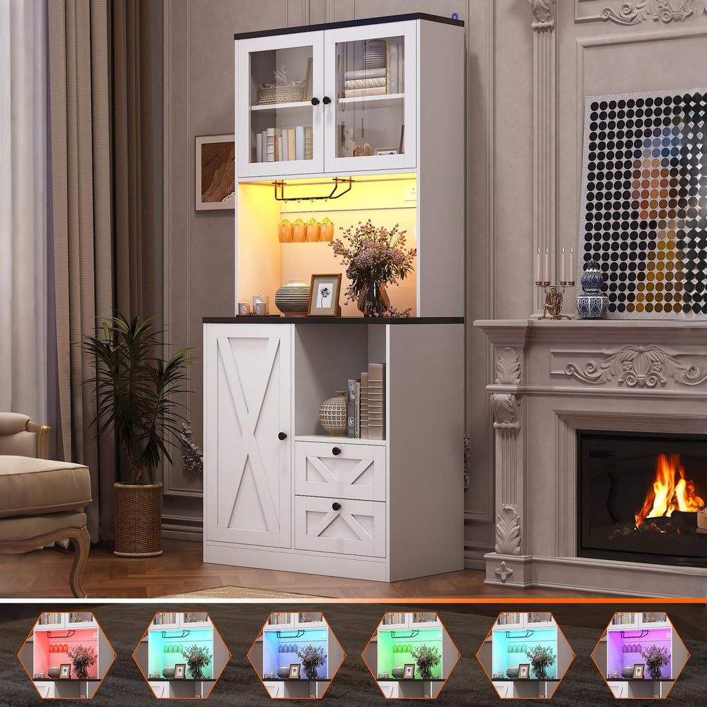 71" Tall Coffee Bar Cabinet with Storage Hutch, Farmhouse Kitchen Pantry Cabinet with LED Lights Microwave Stand and