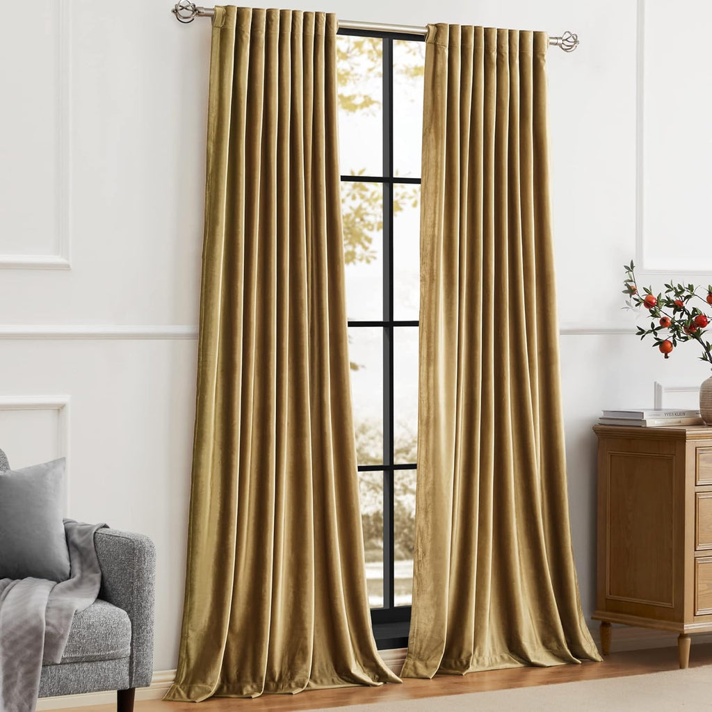 100% Blackout Gold Velvet Curtains 84 inch Long,Elegant 2 Panels Back Tab Thermal Insulated Room Darkening Curtain