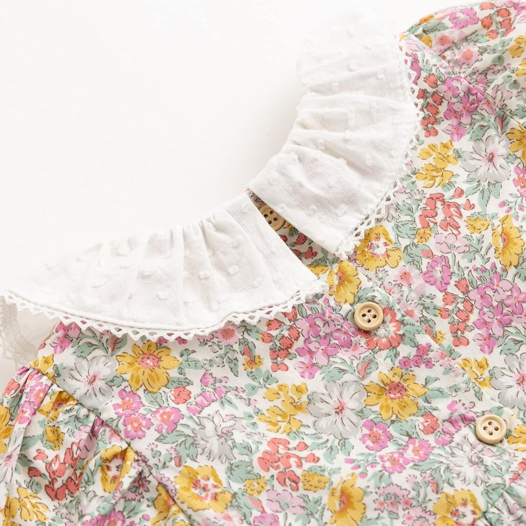 Baby Girl Smocked Romper,Ruffle Collar Bubble Floral Outfit