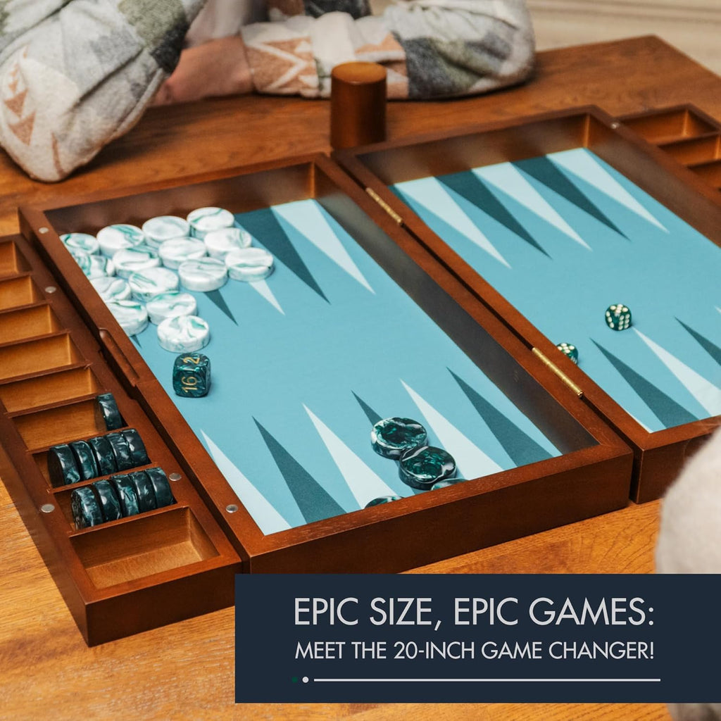 20 Inch Large Backgammon Sets for Adults, Green Backgammon Board, Solid Wood. Removable Accessory Tray, Premium 1.5