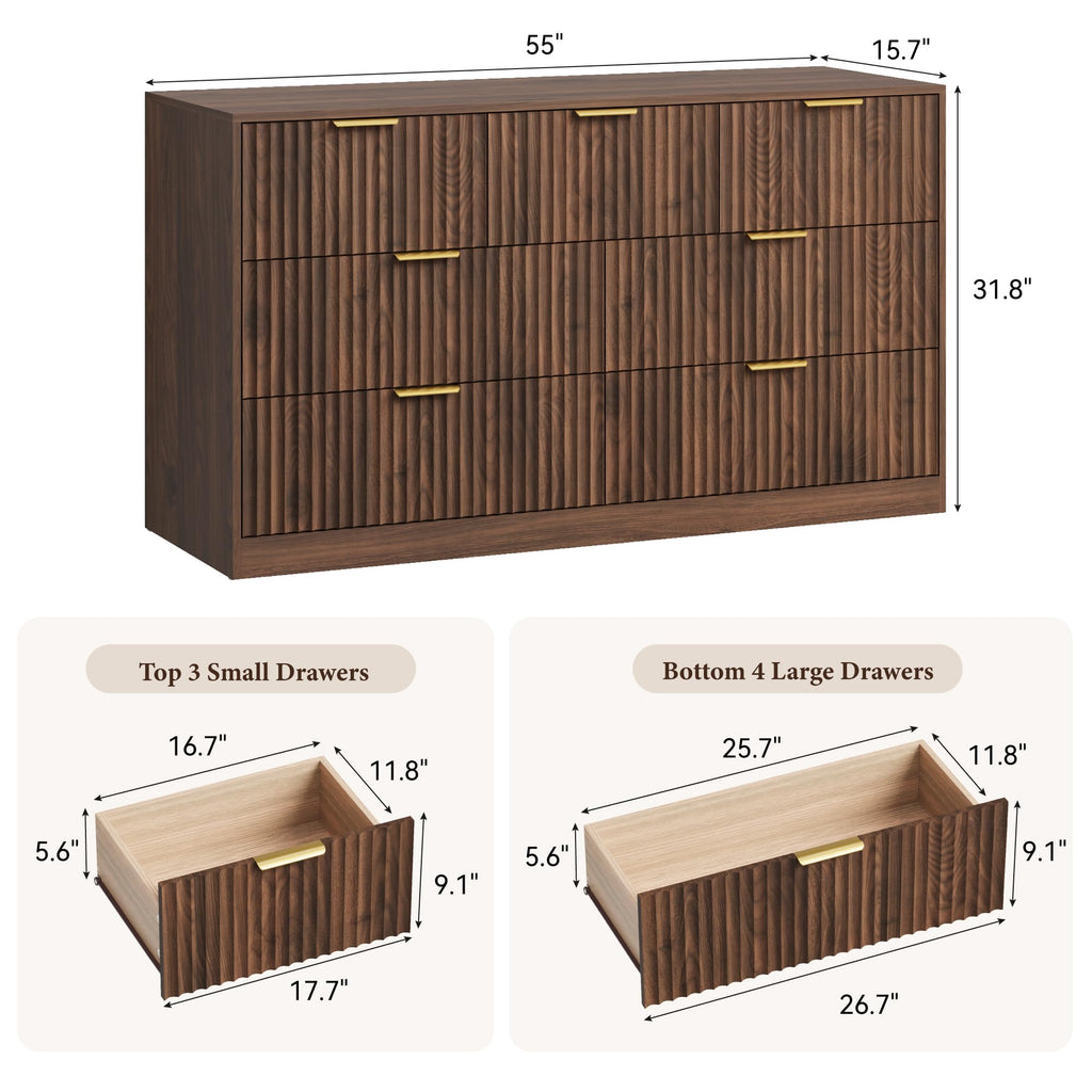 Walnut Dresser, 7 Drawer Dresser with Smooth-Gliding Drawers