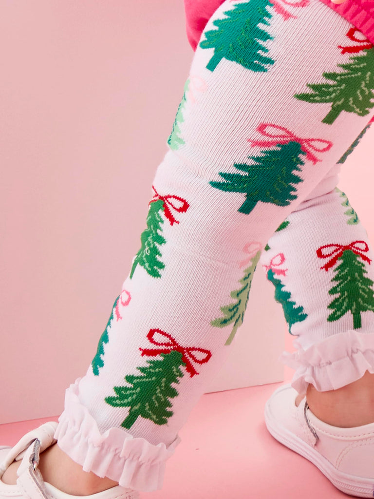Baby Girls Patterned Footless Ruffled Tights - Ruffle Tights - Christmas Tree Bows