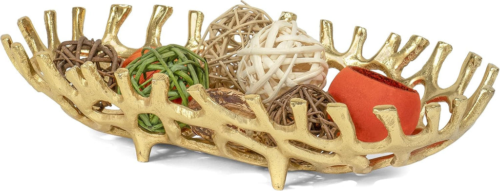 14" x 3" Large Decorative Oval Aluminum Golden Branch Reef Centerpiece Tray