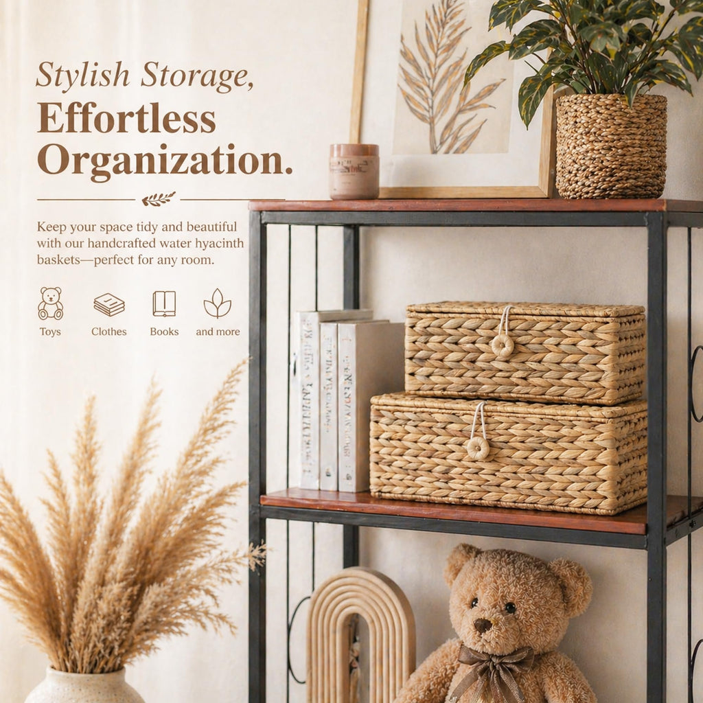 Set of 2 Rectangular Wicker Storage Basket with Lid
