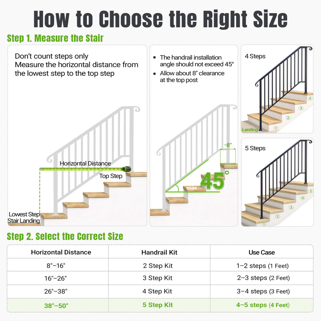 5 Step Handrails for Outdoor Steps, Wrought Iron Stair Railing Fits 4 or 5 Steps, Metal Hand Rail with Installation
